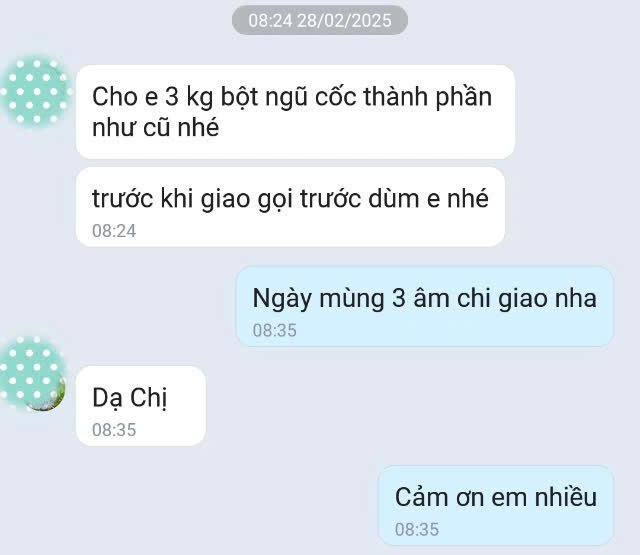 Tin nhắn của khách: Đặt lại 3 kg, thành phần như cũ